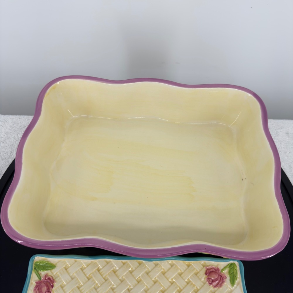Temp-tations by Tara Floral Basketweave Casserole & Trivet Set Yellow Pink Rose - Picture 4 of 14